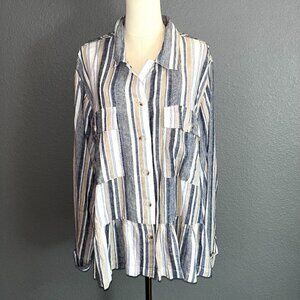 ZAC & RACHEL WOMAN Stripped Linen Blend Lagenlook Peplum Shirt Blouse Top 2X